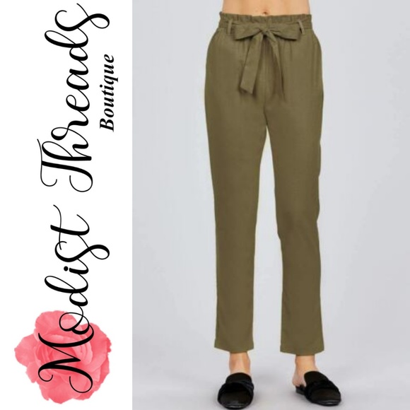⚡SALE⚡Green Paper Bag W/Bow Tie Long Linen Pants - Picture 2 of 3